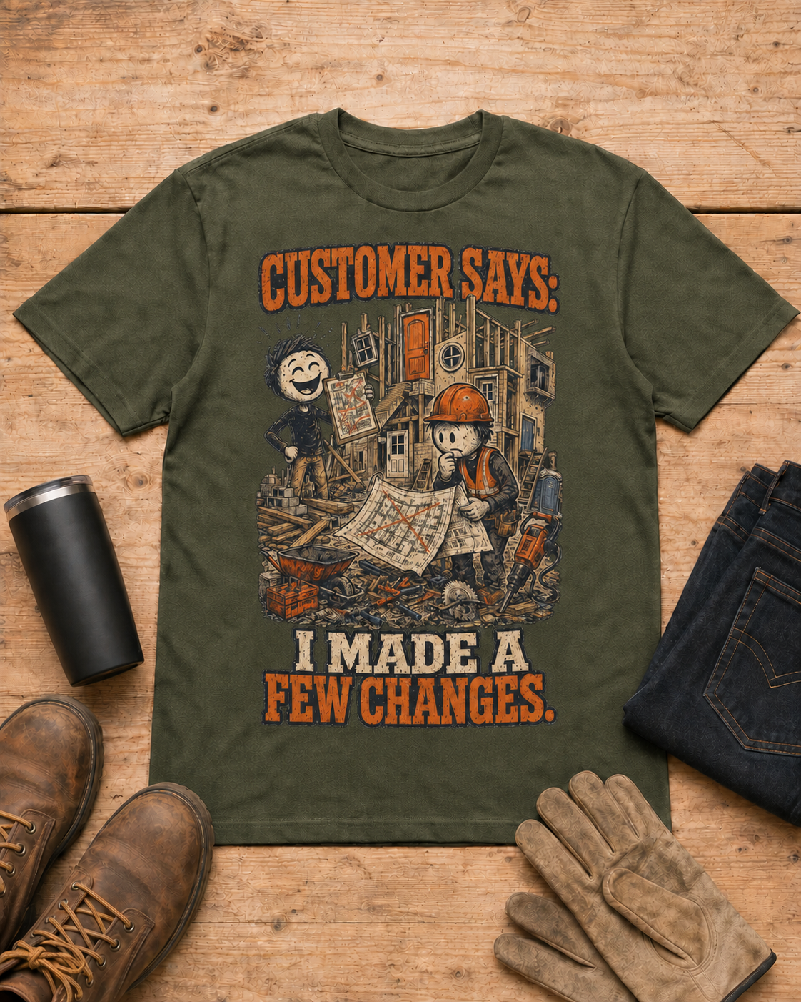 Customer Made a Few Changes Construction Shirt in Military Green workbench flat lay