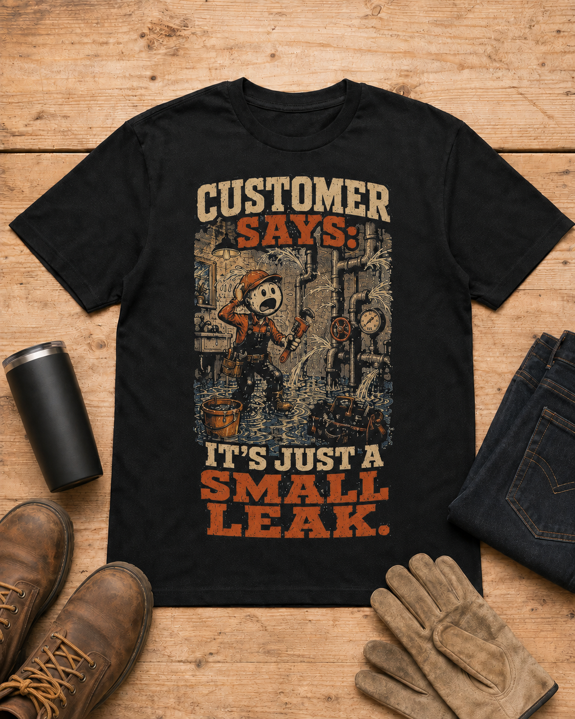It’s Just a Small Leak Plumber Shirt in Black workbench flat lay