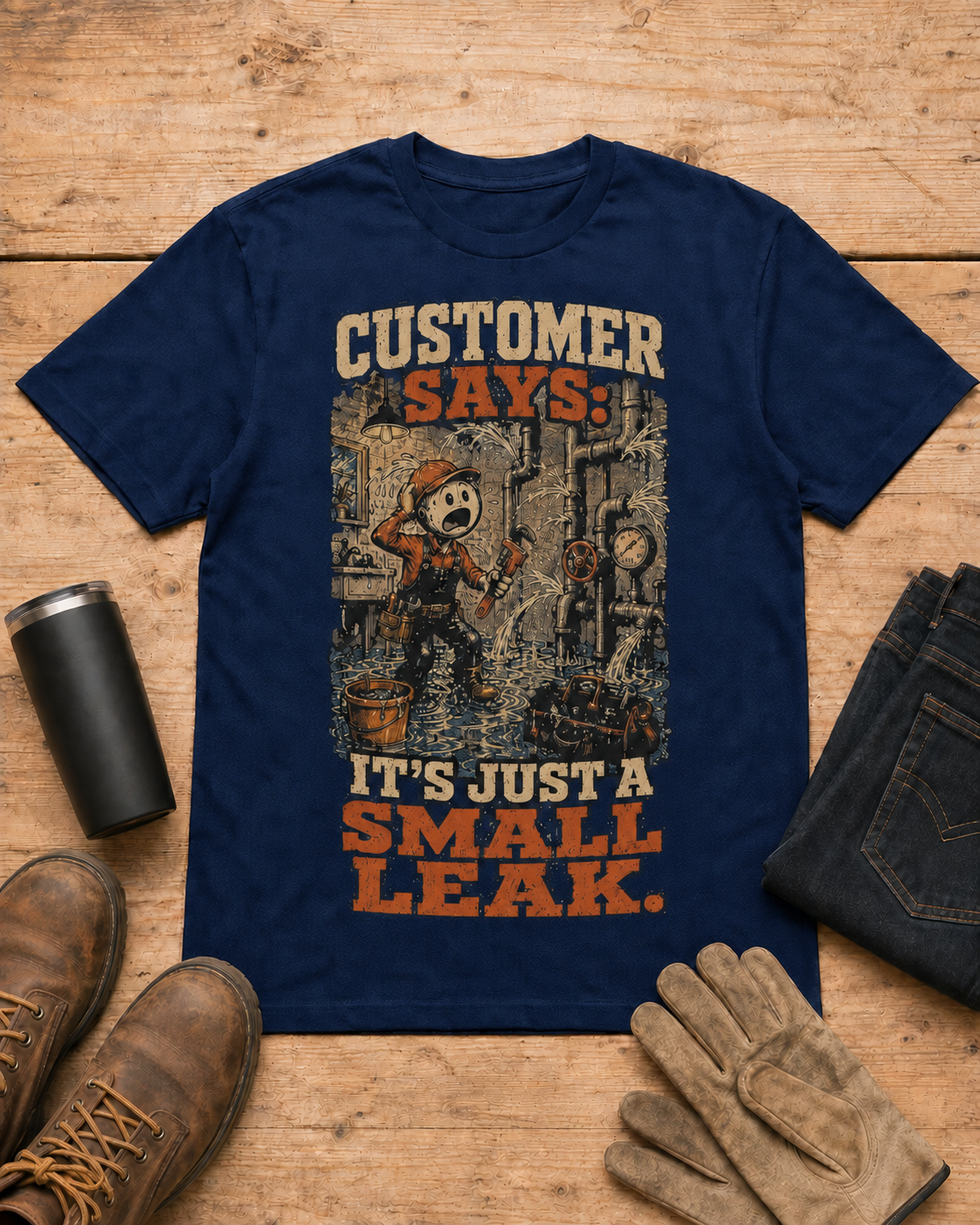 It’s Just a Small Leak Plumber Shirt in Navy workbench flat lay
