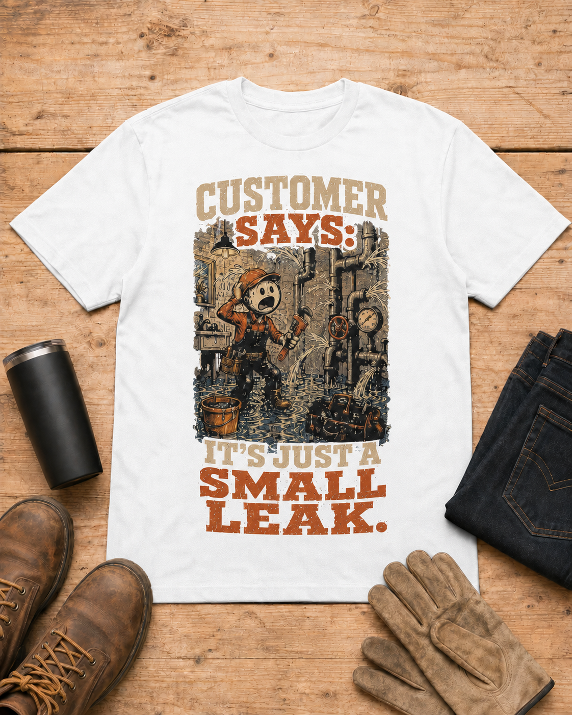 It’s Just a Small Leak Plumber Shirt in White workbench flat lay