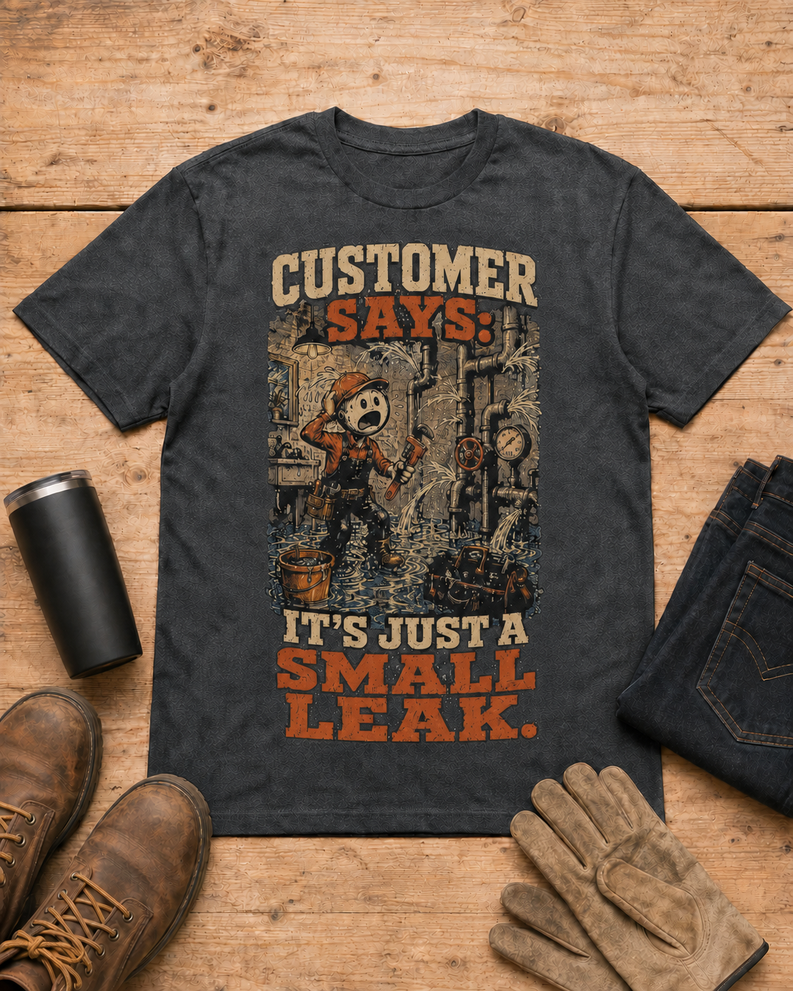 It’s Just a Small Leak Plumber Shirt in Dark Heather workbench flat lay
