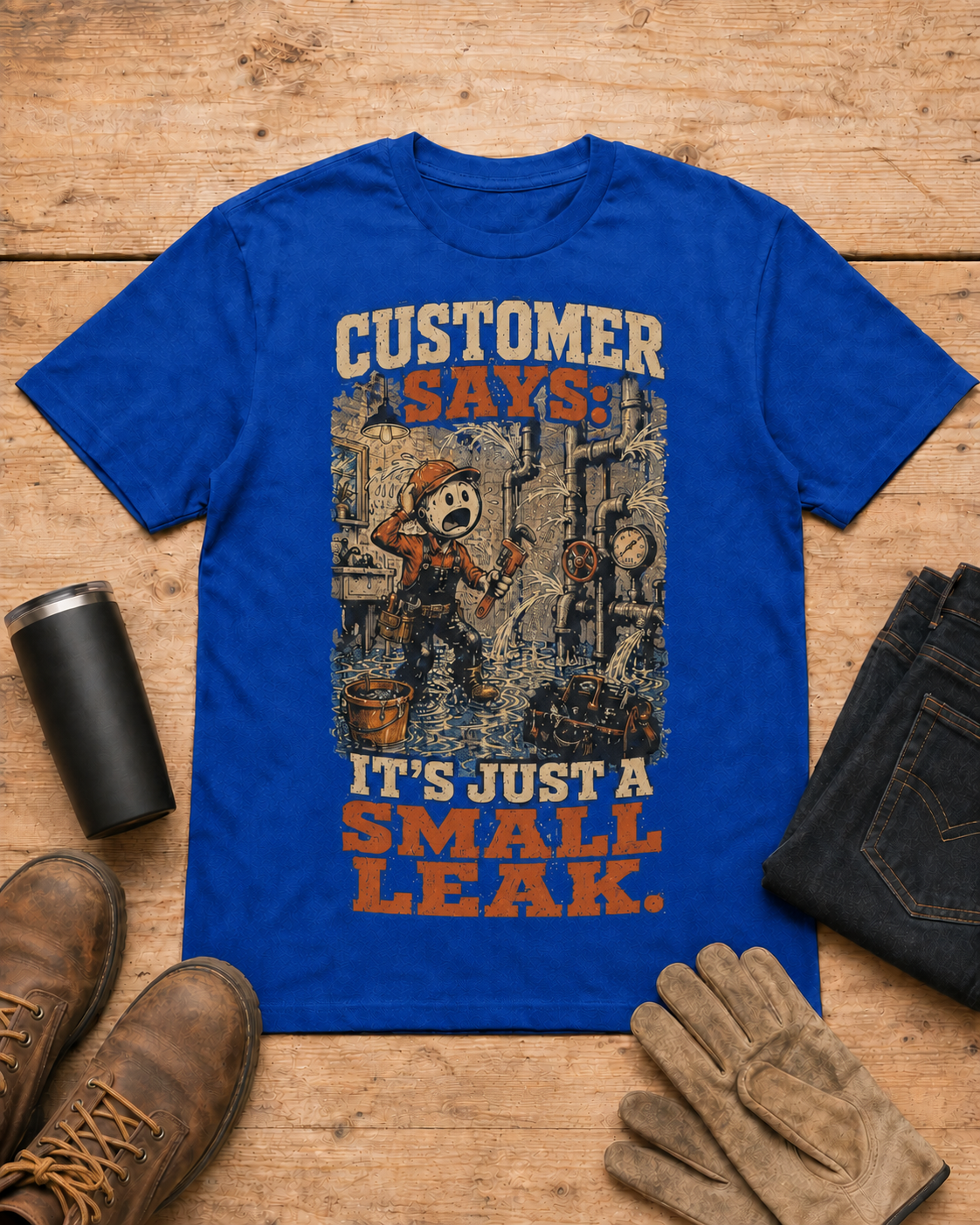 It’s Just a Small Leak Plumber Shirt in Royal Blue workbench flat lay