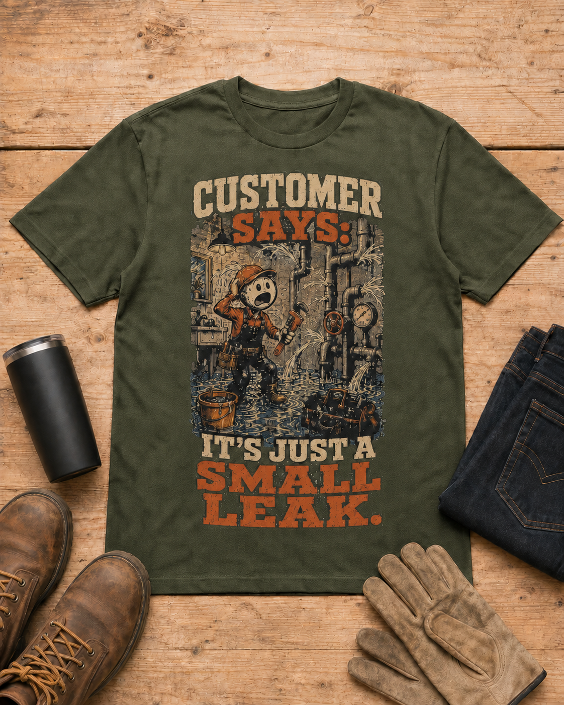 It’s Just a Small Leak Plumber Shirt in Military Green workbench flat lay