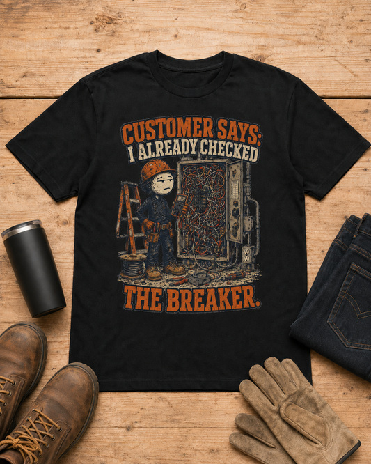 Customer Checked the Breaker Electrician Shirt in Black workbench flat lay