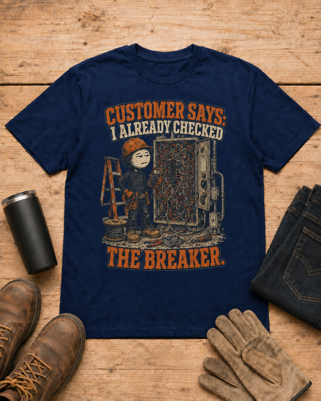 Customer Checked the Breaker Electrician Shirt in Navy workbench flat lay