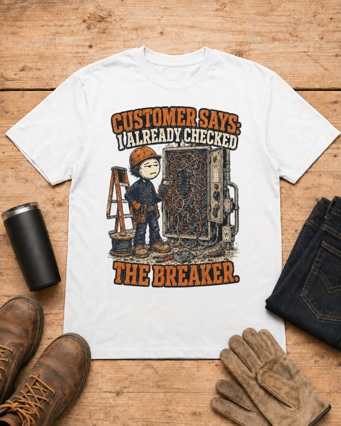 Customer Checked the Breaker Electrician Shirt in White workbench flat lay