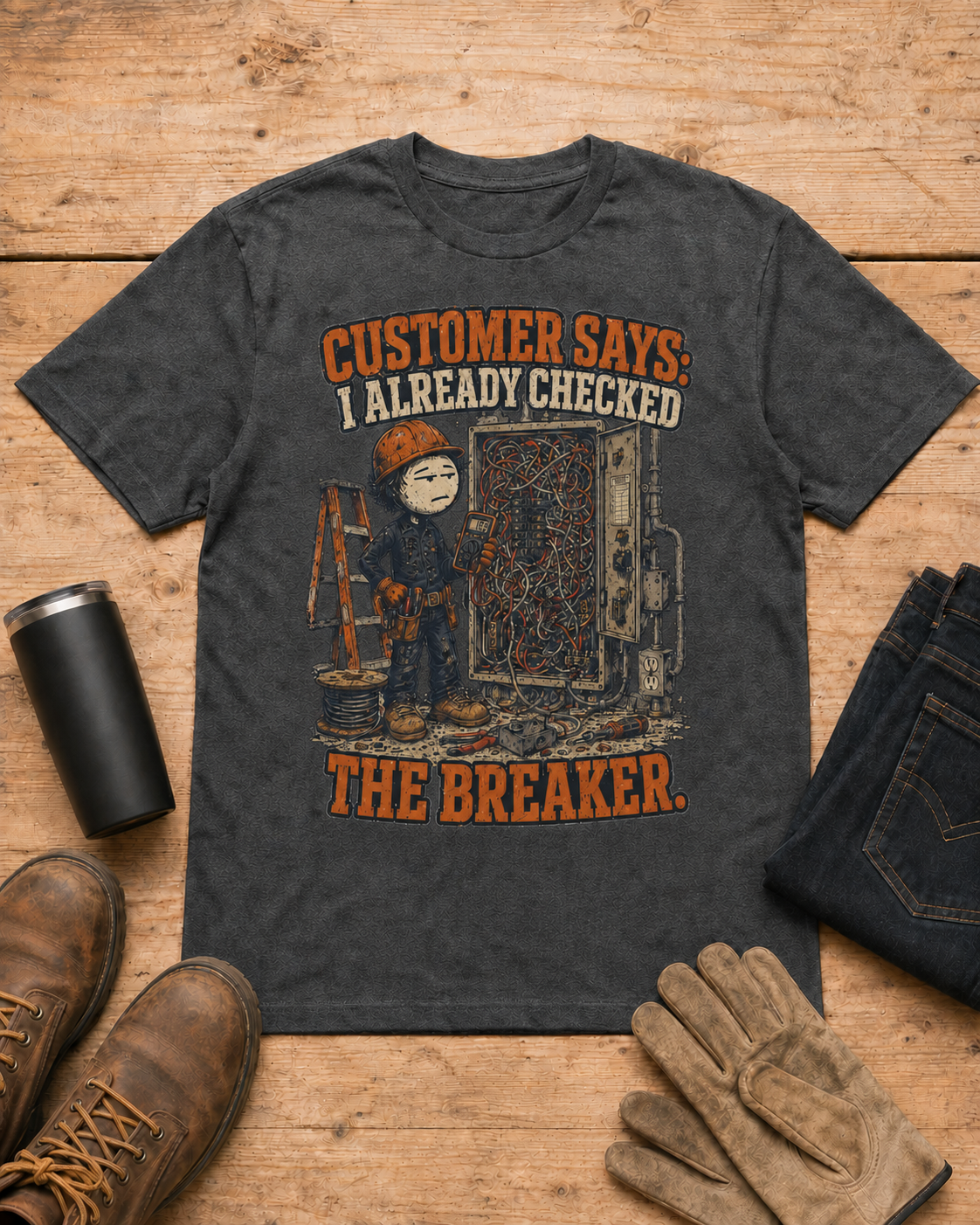 Customer Checked the Breaker Electrician Shirt in Dark Heather workbench flat lay