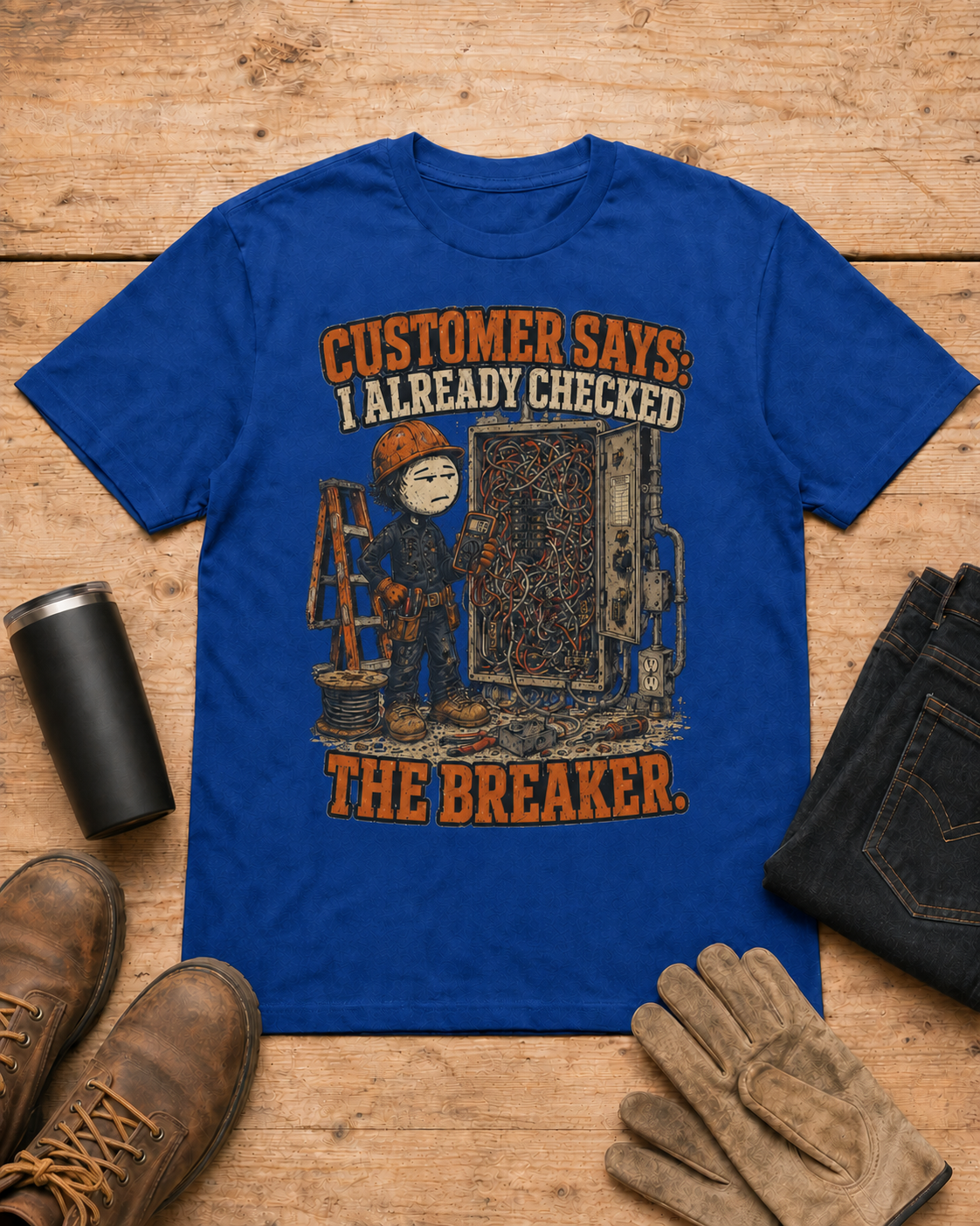 Customer Checked the Breaker Electrician Shirt in Royal Blue workbench flat lay
