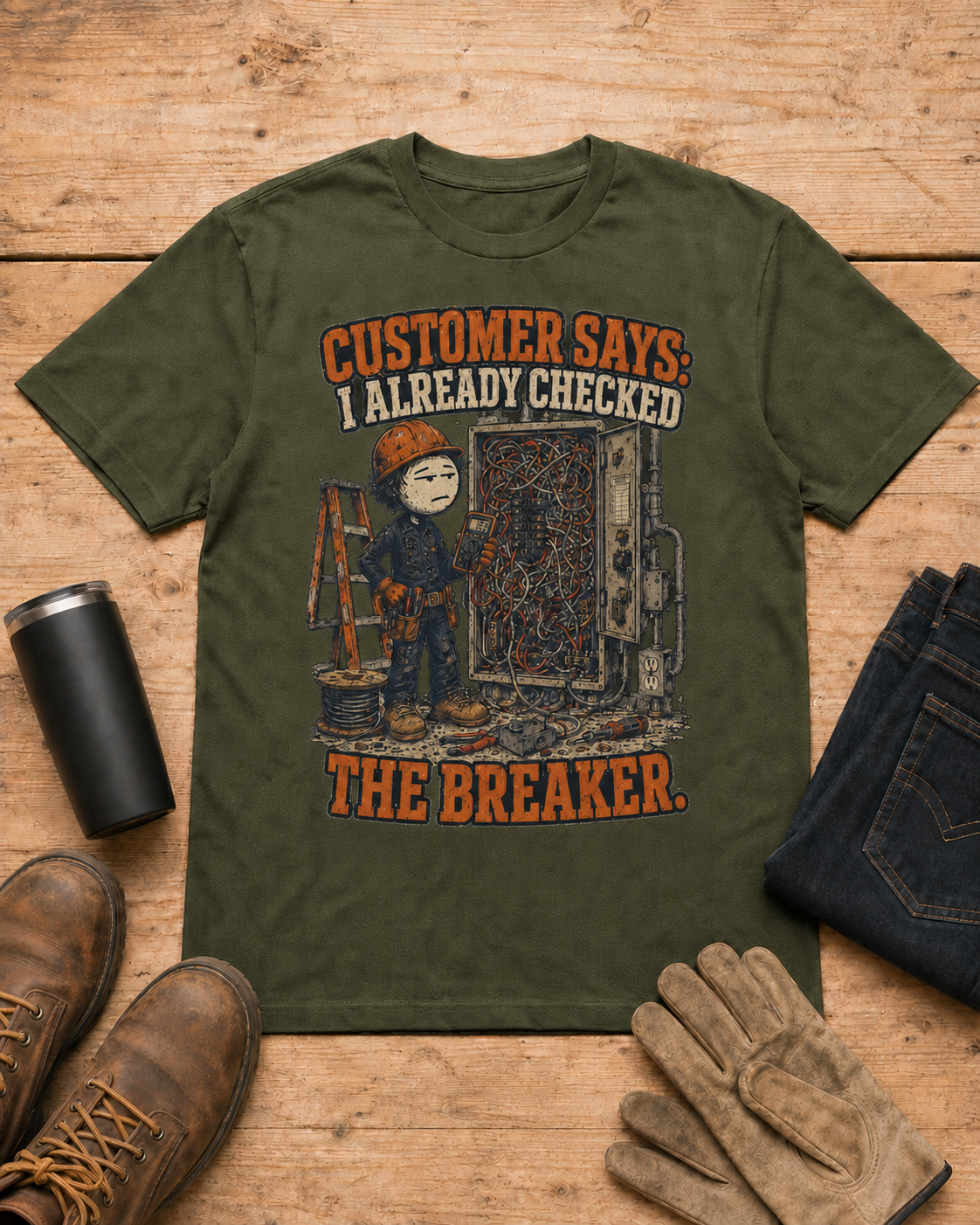 Customer Checked the Breaker Electrician Shirt in Military Green workbench flat lay