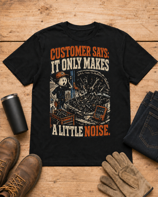 It Only Makes a Little Noise Mechanic Shirt in Black workbench flat lay