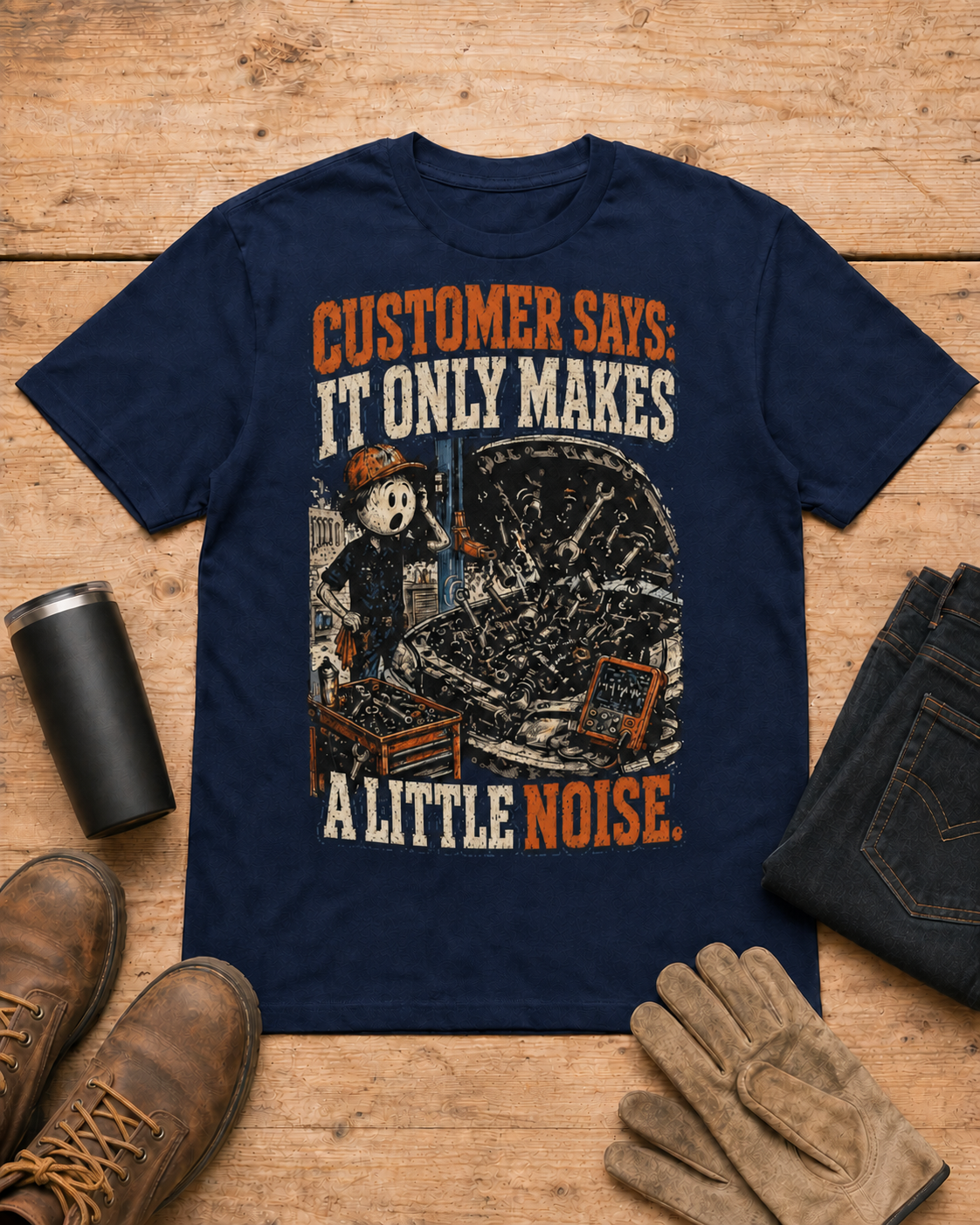 It Only Makes a Little Noise Mechanic Shirt in Navy workbench flat lay