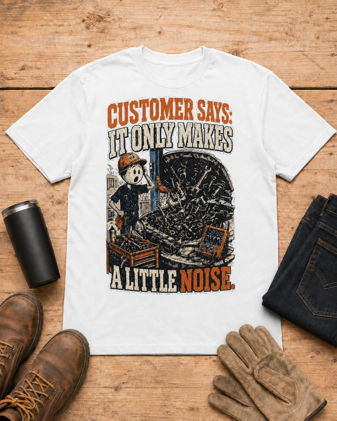 It Only Makes a Little Noise Mechanic Shirt in White workbench flat lay
