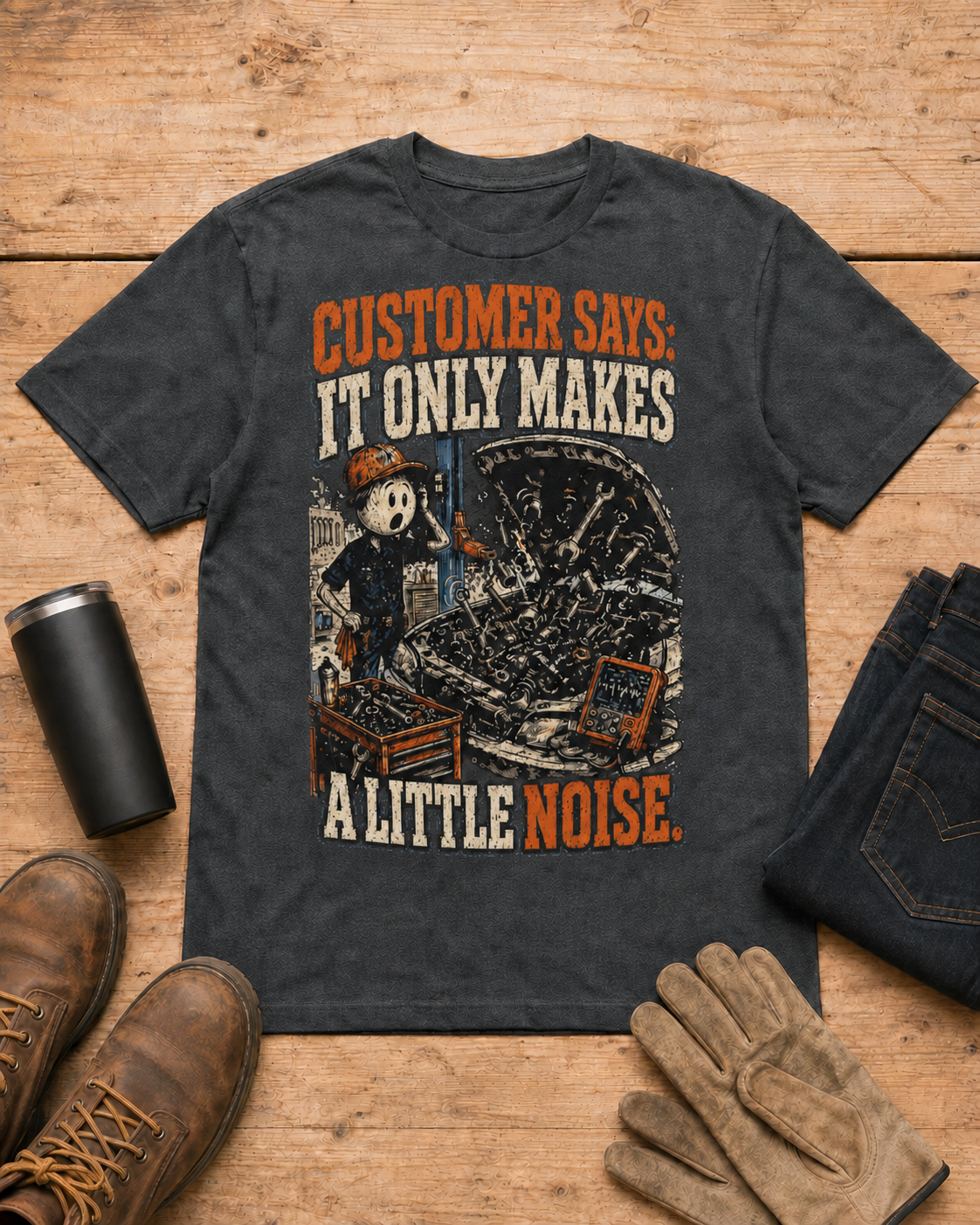 It Only Makes a Little Noise Mechanic Shirt in Dark Heather workbench flat lay