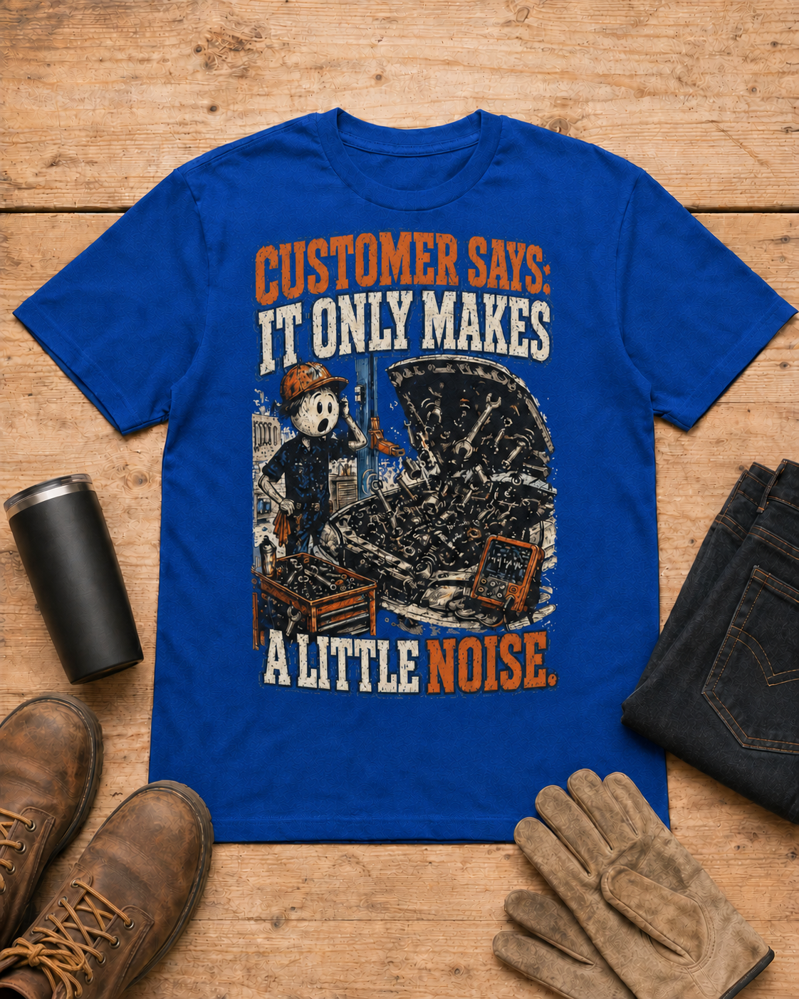 It Only Makes a Little Noise Mechanic Shirt in Royal Blue workbench flat lay