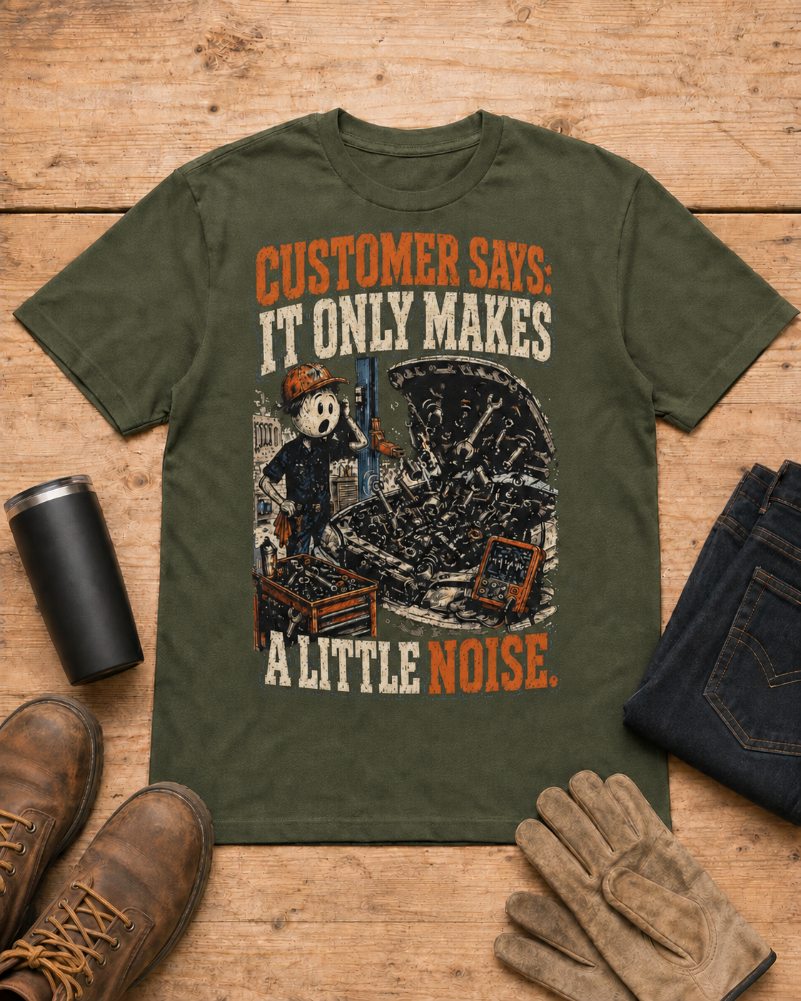 It Only Makes a Little Noise Mechanic Shirt in Military Green workbench flat lay