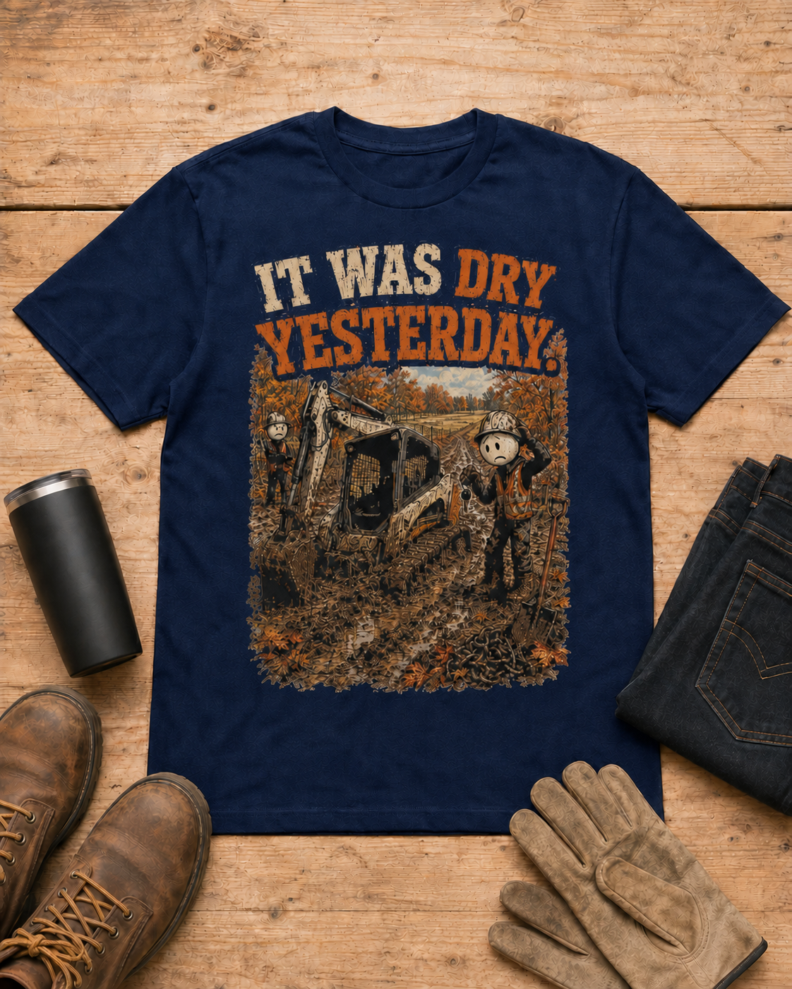 It Was Dry Yesterday. | Heavy Equipment T-Shirt in Navy workbench flat lay