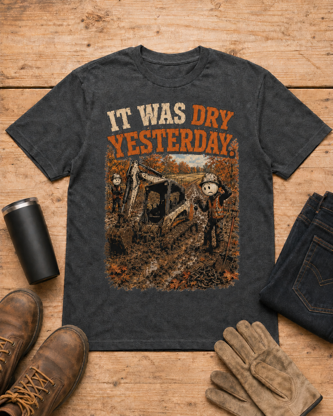 It Was Dry Yesterday. | Heavy Equipment T-Shirt in Dark Heather workbench flat lay