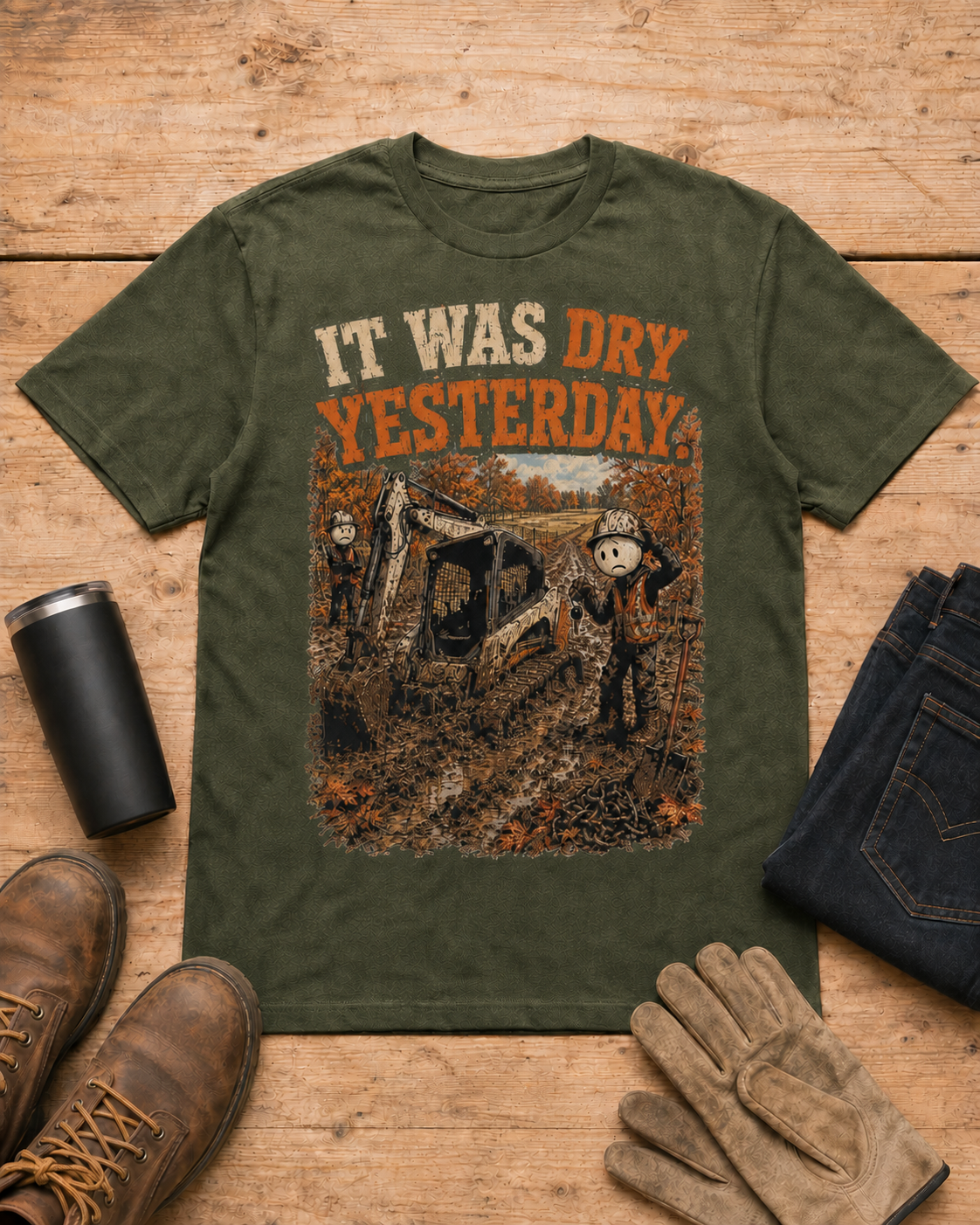 It Was Dry Yesterday. | Heavy Equipment T-Shirt in Military Green workbench flat lay