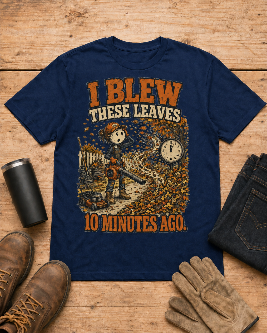 I Blew These Leaves 10 Minutes Ago. | Landscaping T-Shirt in Navy workbench flat lay