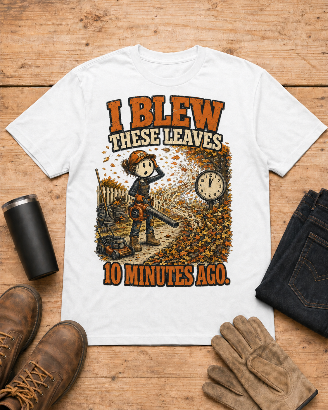 I Blew These Leaves 10 Minutes Ago. | Landscaping T-Shirt in White workbench flat lay