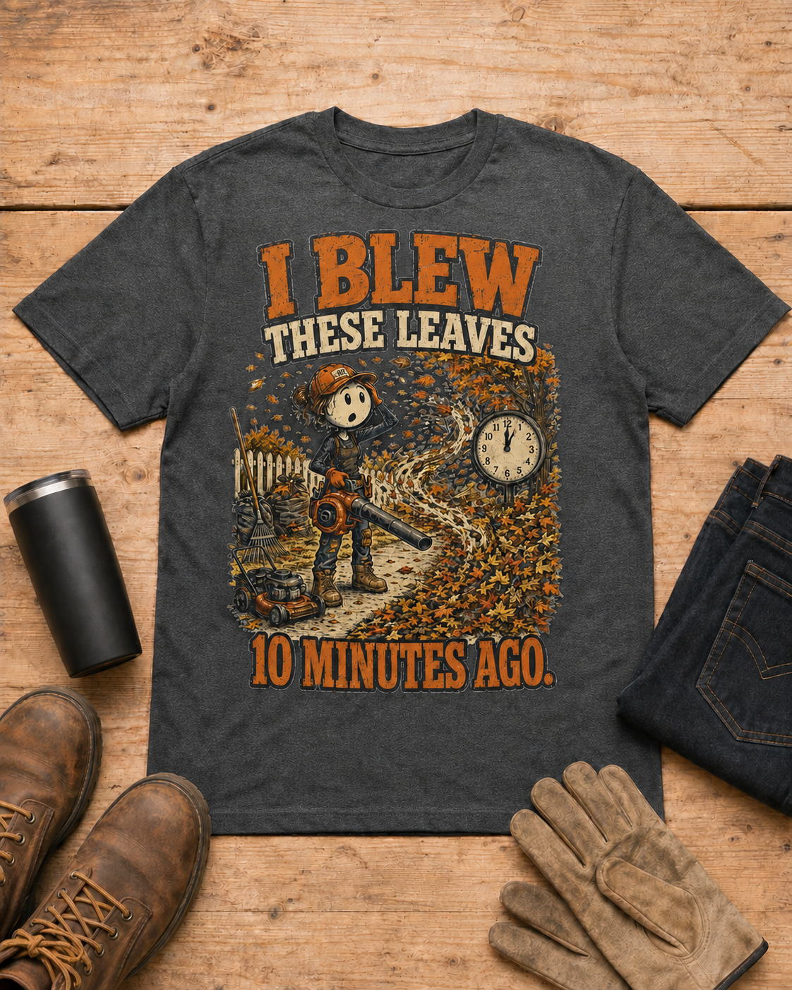 I Blew These Leaves 10 Minutes Ago. | Landscaping T-Shirt in Dark Heather workbench flat lay