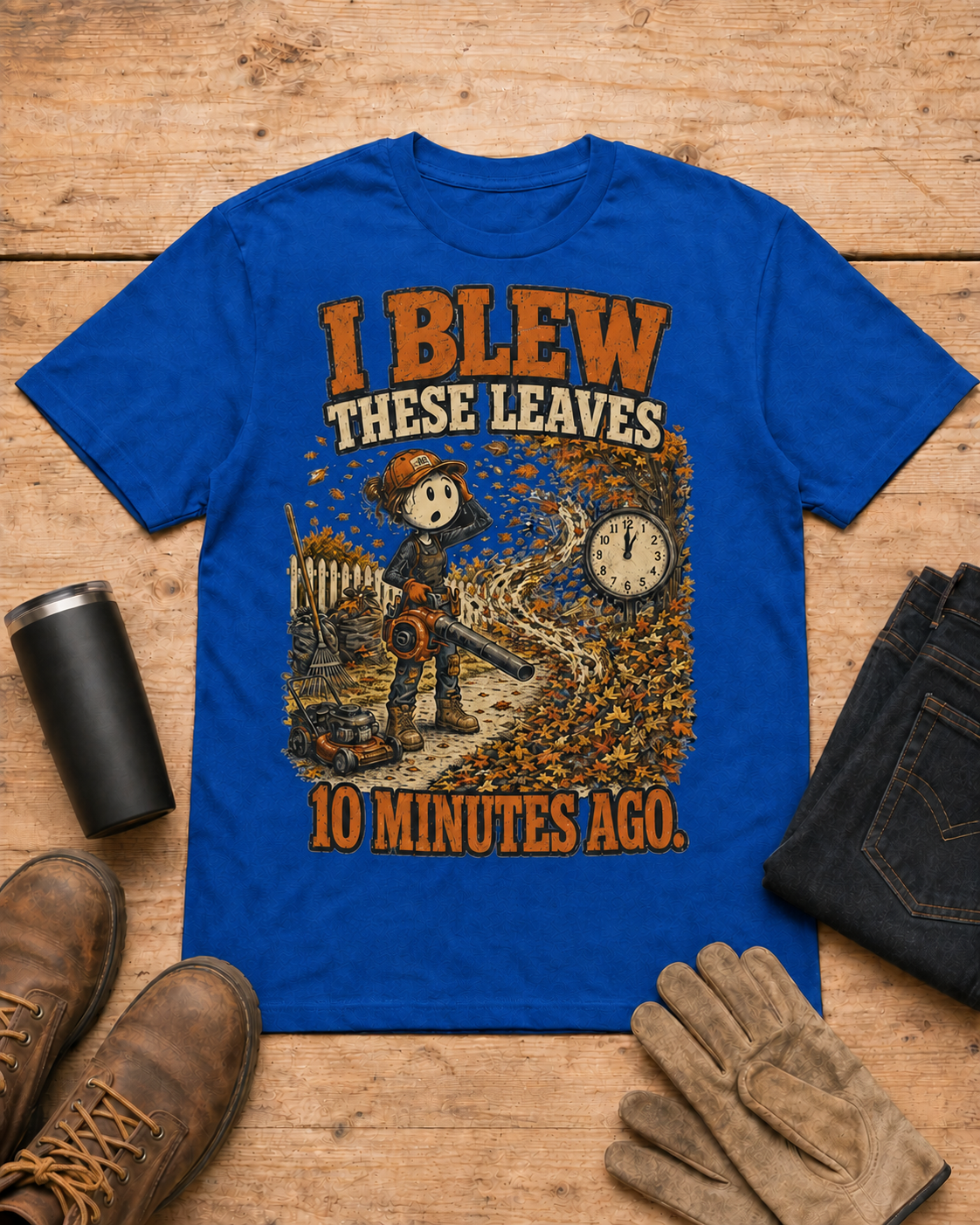 I Blew These Leaves 10 Minutes Ago. | Landscaping T-Shirt in Royal Blue workbench flat lay