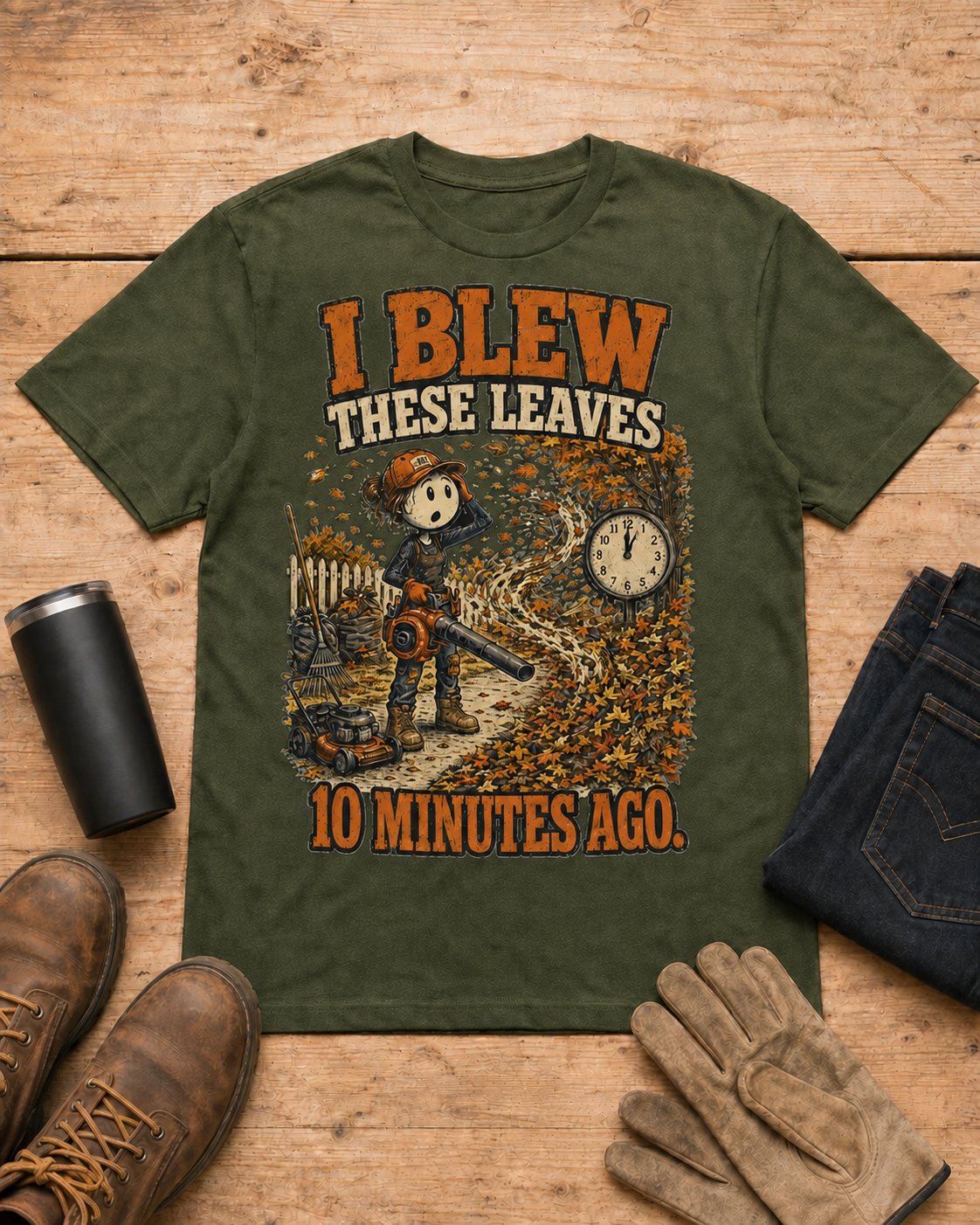 I Blew These Leaves 10 Minutes Ago. | Landscaping T-Shirt in Military Green workbench flat lay