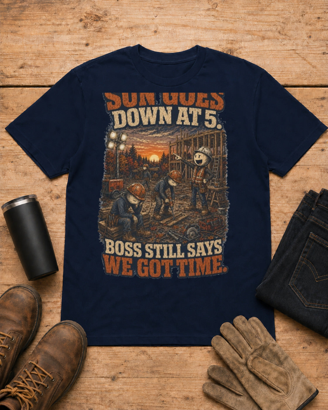 Sun Goes Down at 5. Boss Still Says We Got Time. | Construction T-Shirt in Navy workbench flat lay