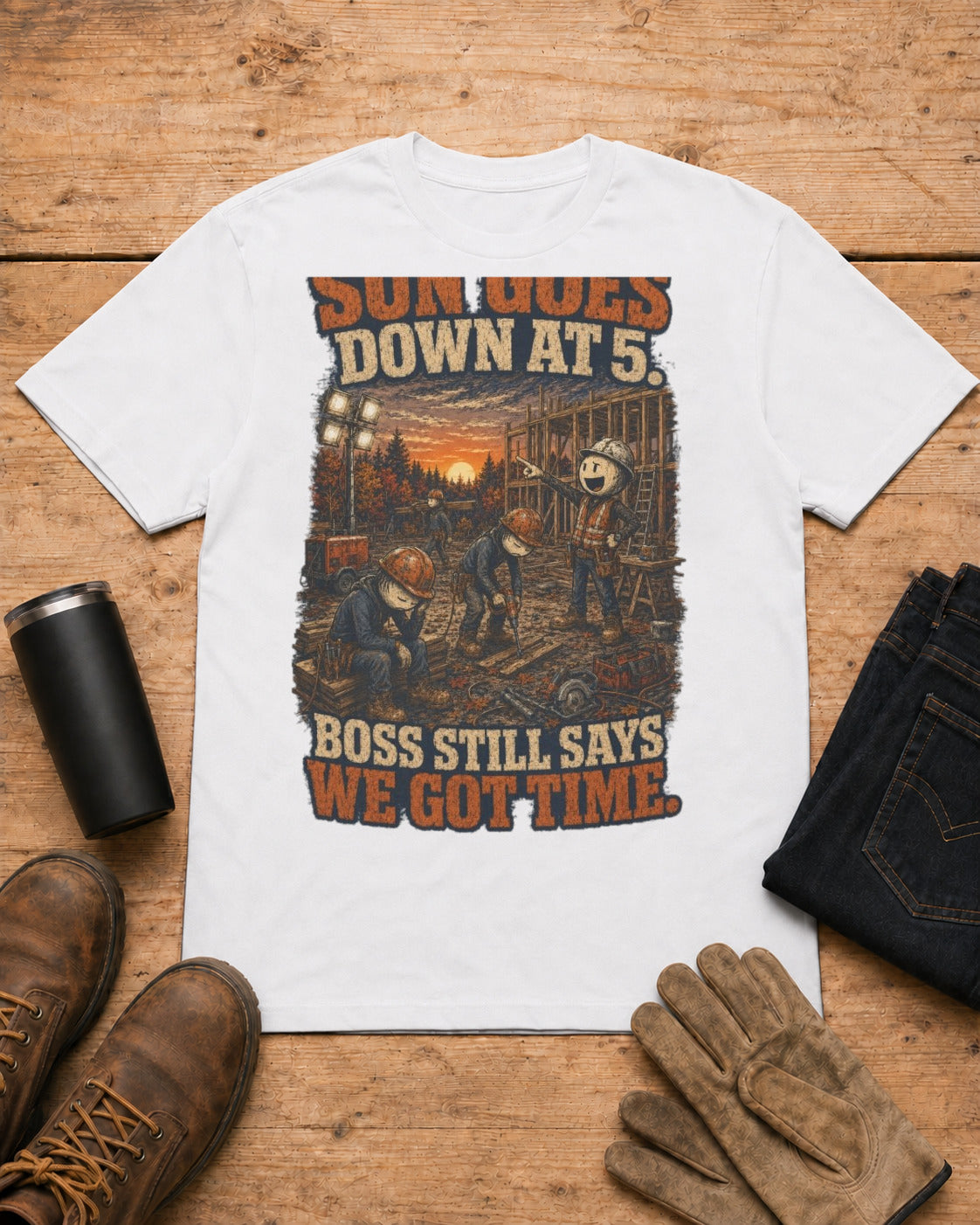 Sun Goes Down at 5. Boss Still Says We Got Time. | Construction T-Shirt in White workbench flat lay