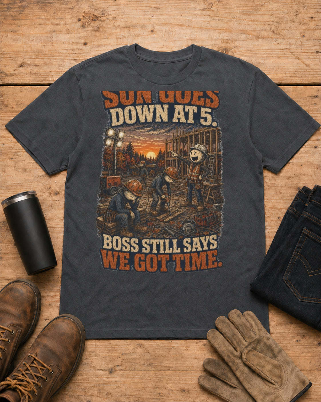 Sun Goes Down at 5. Boss Still Says We Got Time. | Construction T-Shirt in Dark Heather workbench flat lay