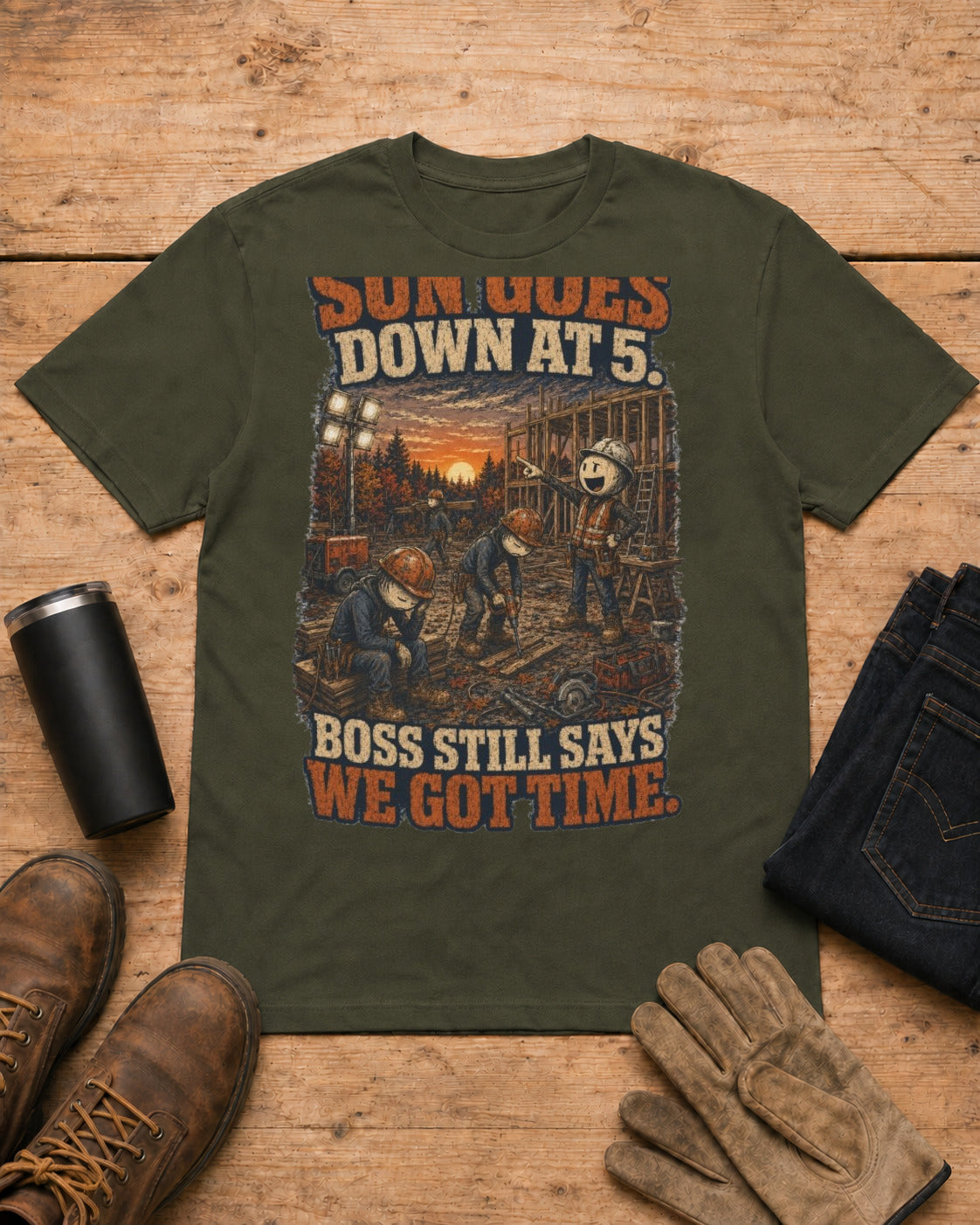 Sun Goes Down at 5. Boss Still Says We Got Time. | Construction T-Shirt in Military Green workbench flat lay
