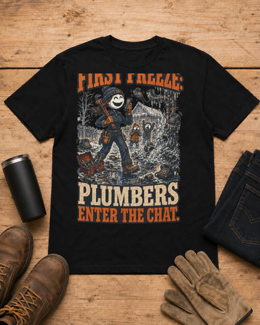 First Freeze: Plumbers Enter the Chat. | Plumber T-Shirt in Black workbench flat lay