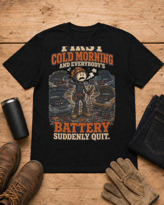 First Cold Morning and Everybody’s Battery Suddenly Quit. | Mechanic T-Shirt in Black workbench flat lay