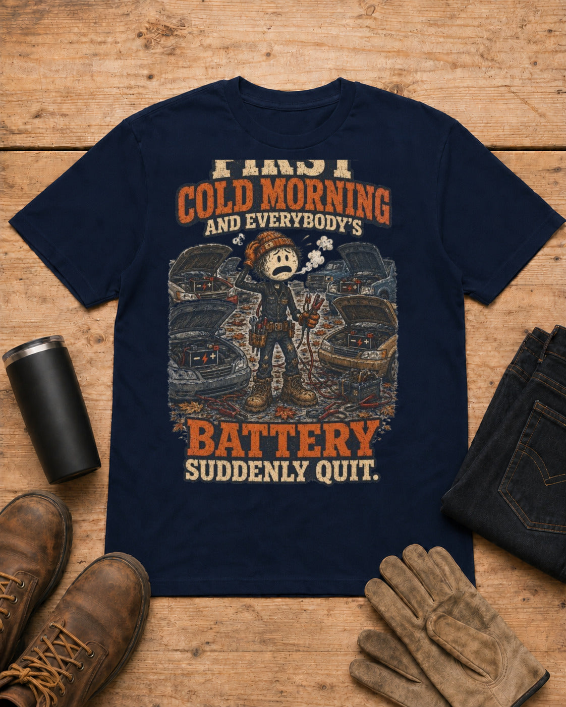 First Cold Morning and Everybody’s Battery Suddenly Quit. | Mechanic T-Shirt in Navy workbench flat lay
