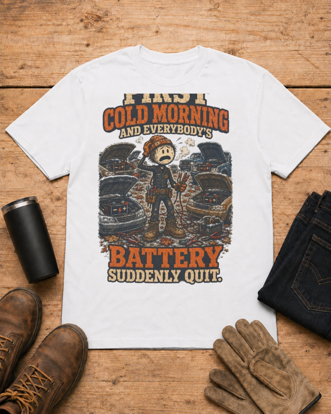 First Cold Morning and Everybody’s Battery Suddenly Quit. | Mechanic T-Shirt in White workbench flat lay