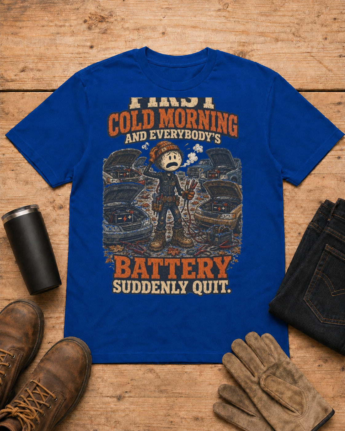 First Cold Morning and Everybody’s Battery Suddenly Quit. | Mechanic T-Shirt in Royal Blue workbench flat lay