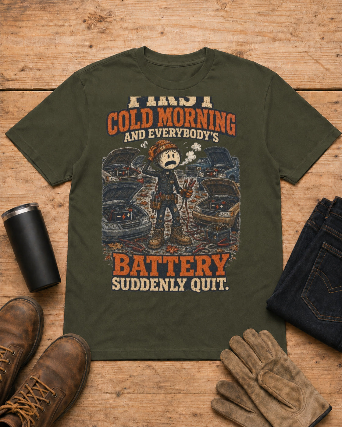 First Cold Morning and Everybody’s Battery Suddenly Quit. | Mechanic T-Shirt in Military Green workbench flat lay