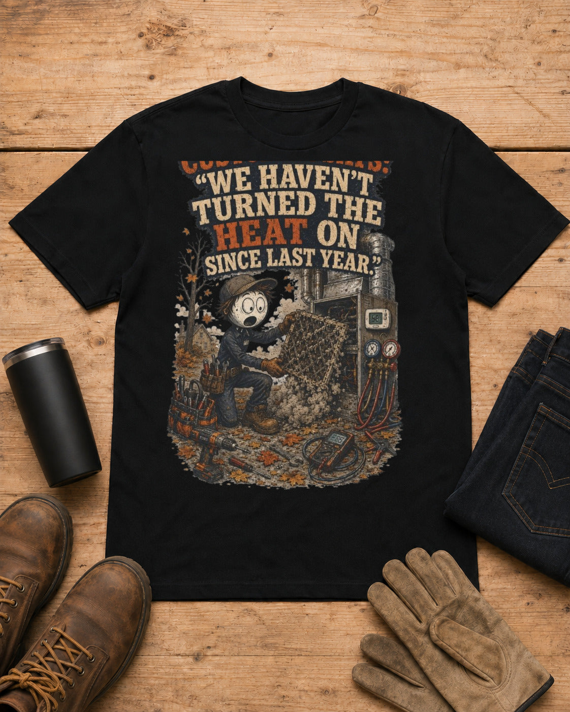 Customer Says: “We Haven’t Turned the Heat On Since Last Year.” | HVAC T-Shirt in Black workbench flat lay