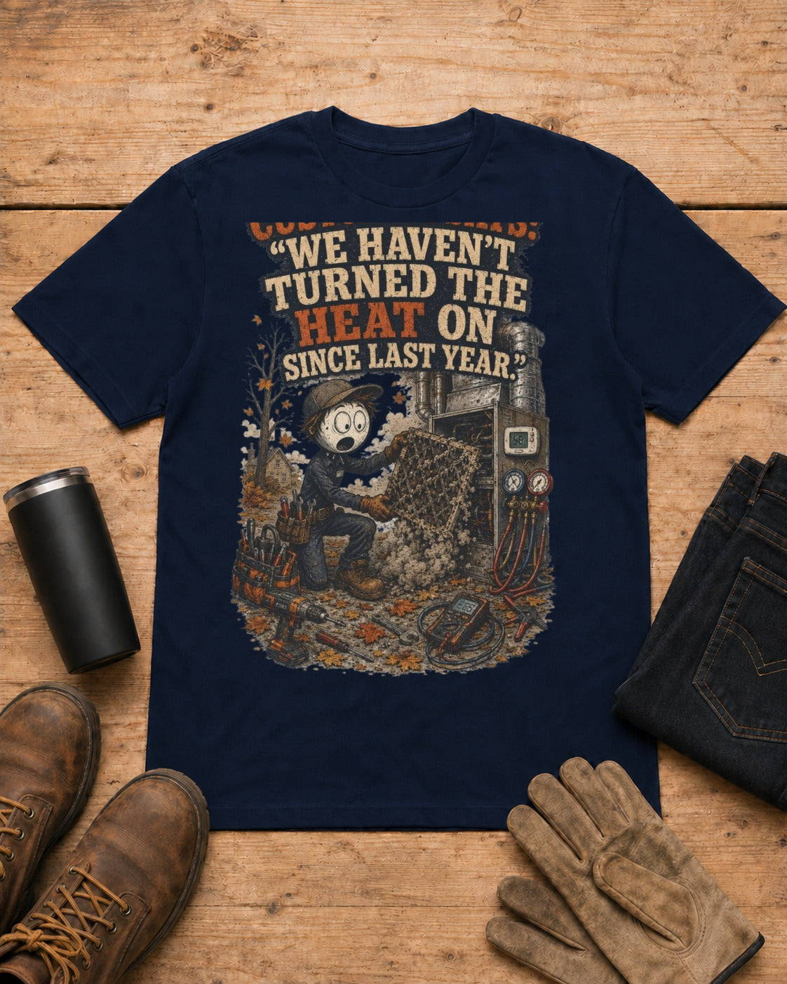 Customer Says: “We Haven’t Turned the Heat On Since Last Year.” | HVAC T-Shirt in Navy workbench flat lay
