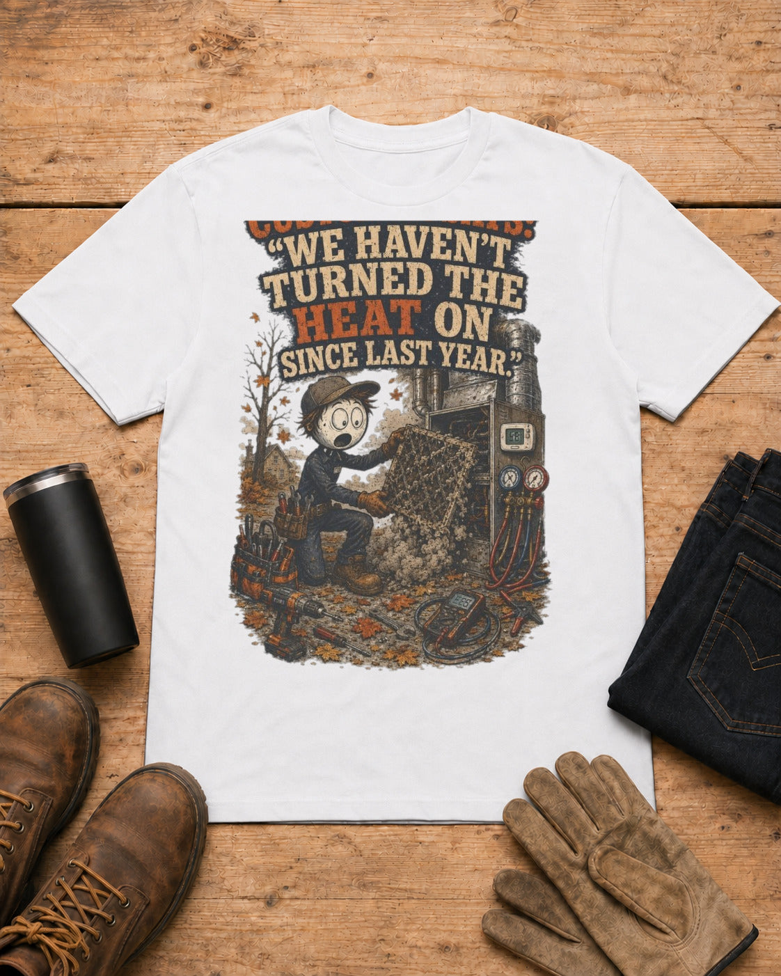 Customer Says: “We Haven’t Turned the Heat On Since Last Year.” | HVAC T-Shirt in White workbench flat lay