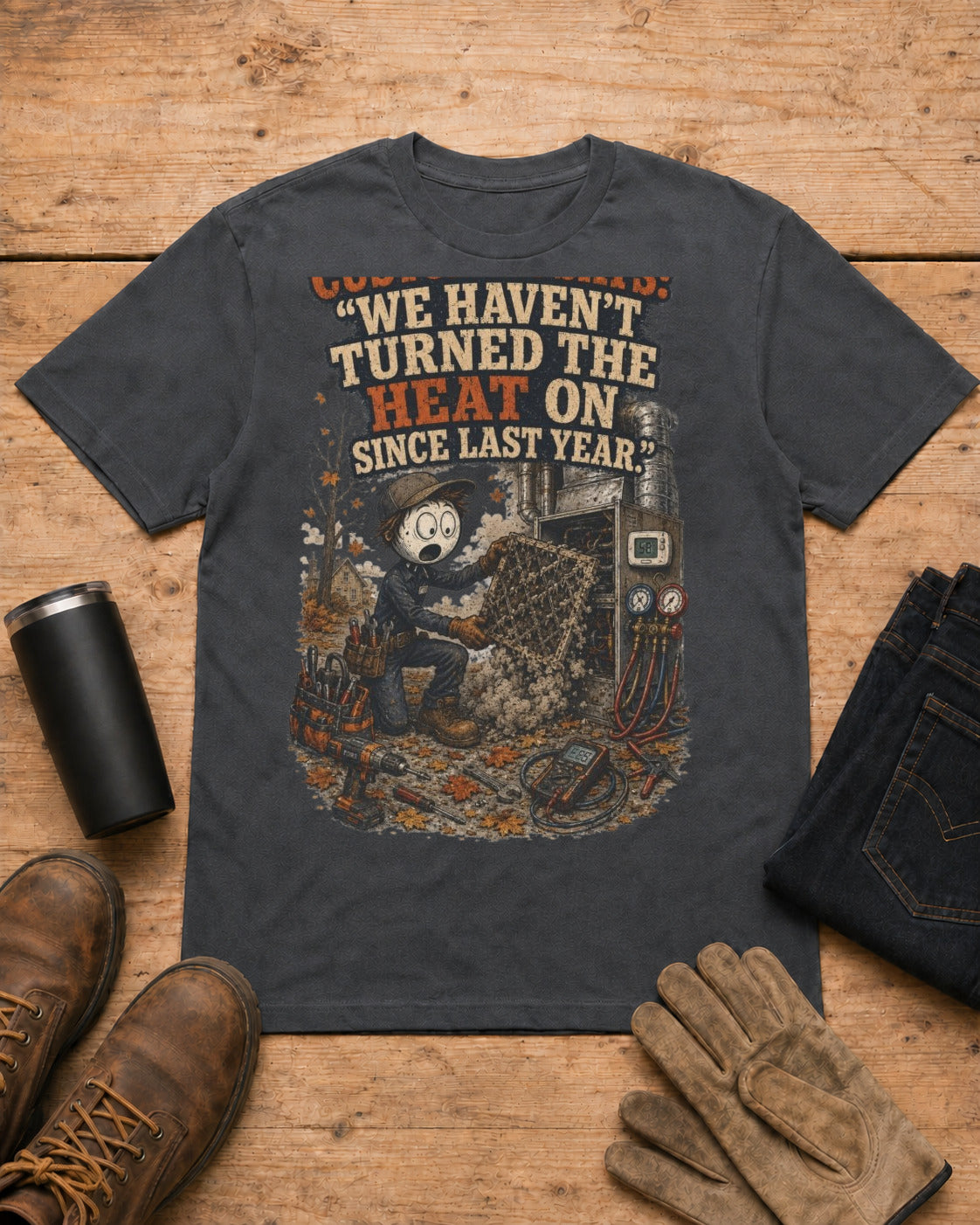 Customer Says: “We Haven’t Turned the Heat On Since Last Year.” | HVAC T-Shirt in Dark Heather workbench flat lay