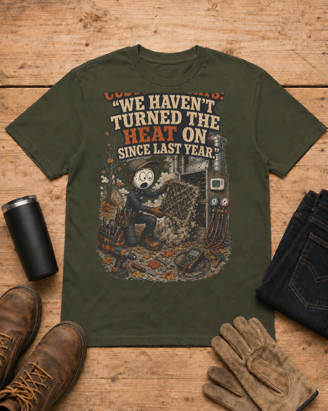 Customer Says: “We Haven’t Turned the Heat On Since Last Year.” | HVAC T-Shirt in Military Green workbench flat lay