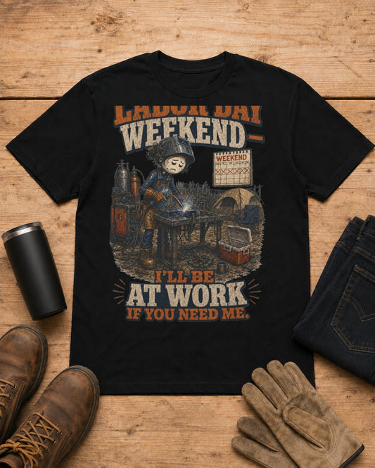 Labor Day Weekend — I’ll Be at Work If You Need Me. | Welder T-Shirt in Black workbench flat lay