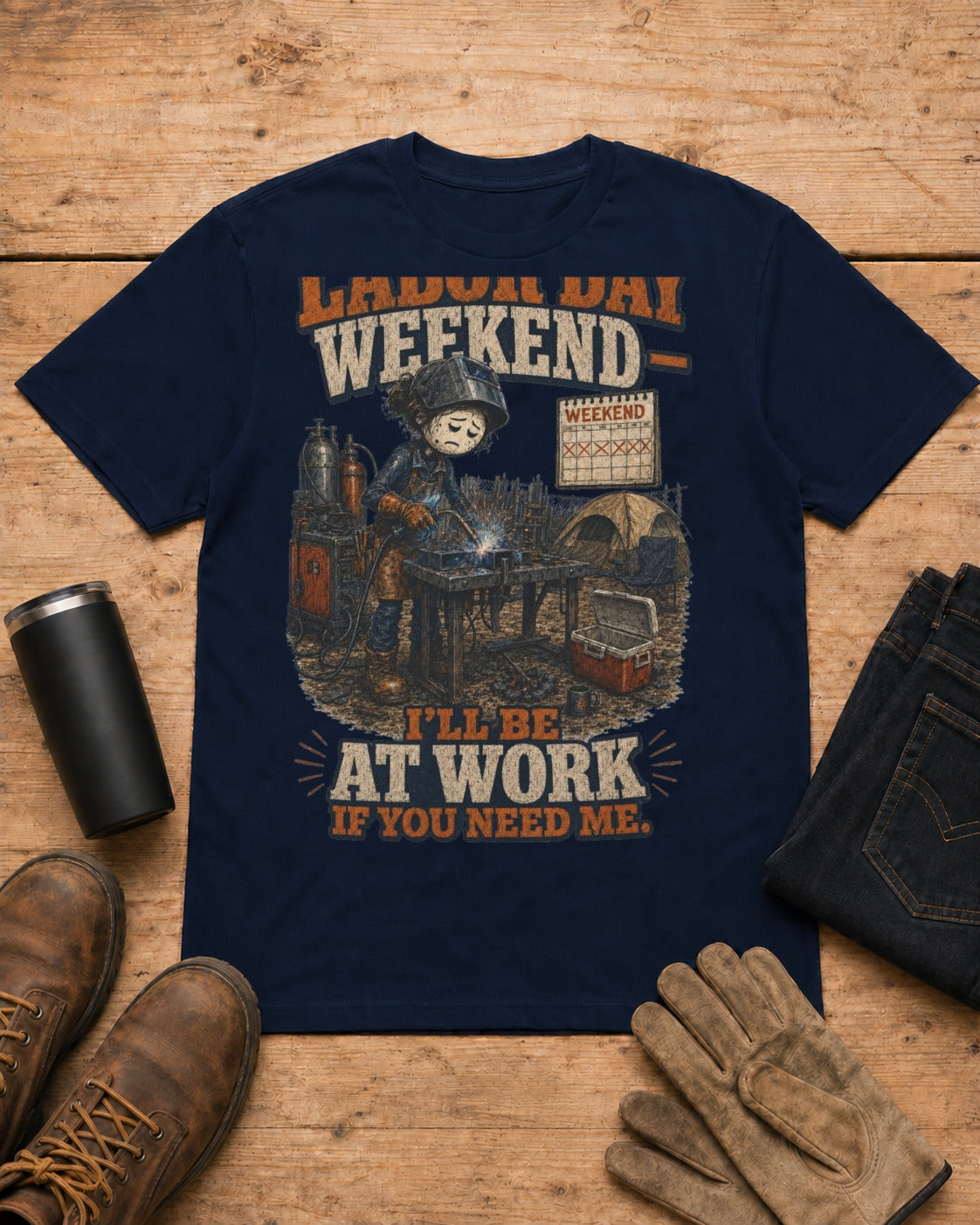 Labor Day Weekend — I’ll Be at Work If You Need Me. | Welder T-Shirt in Navy workbench flat lay