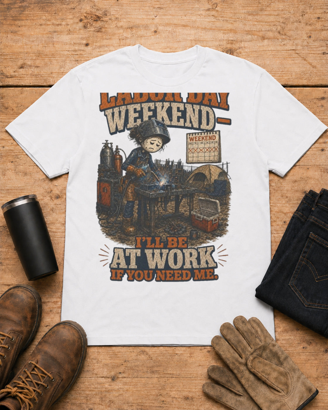Labor Day Weekend — I’ll Be at Work If You Need Me. | Welder T-Shirt in White workbench flat lay