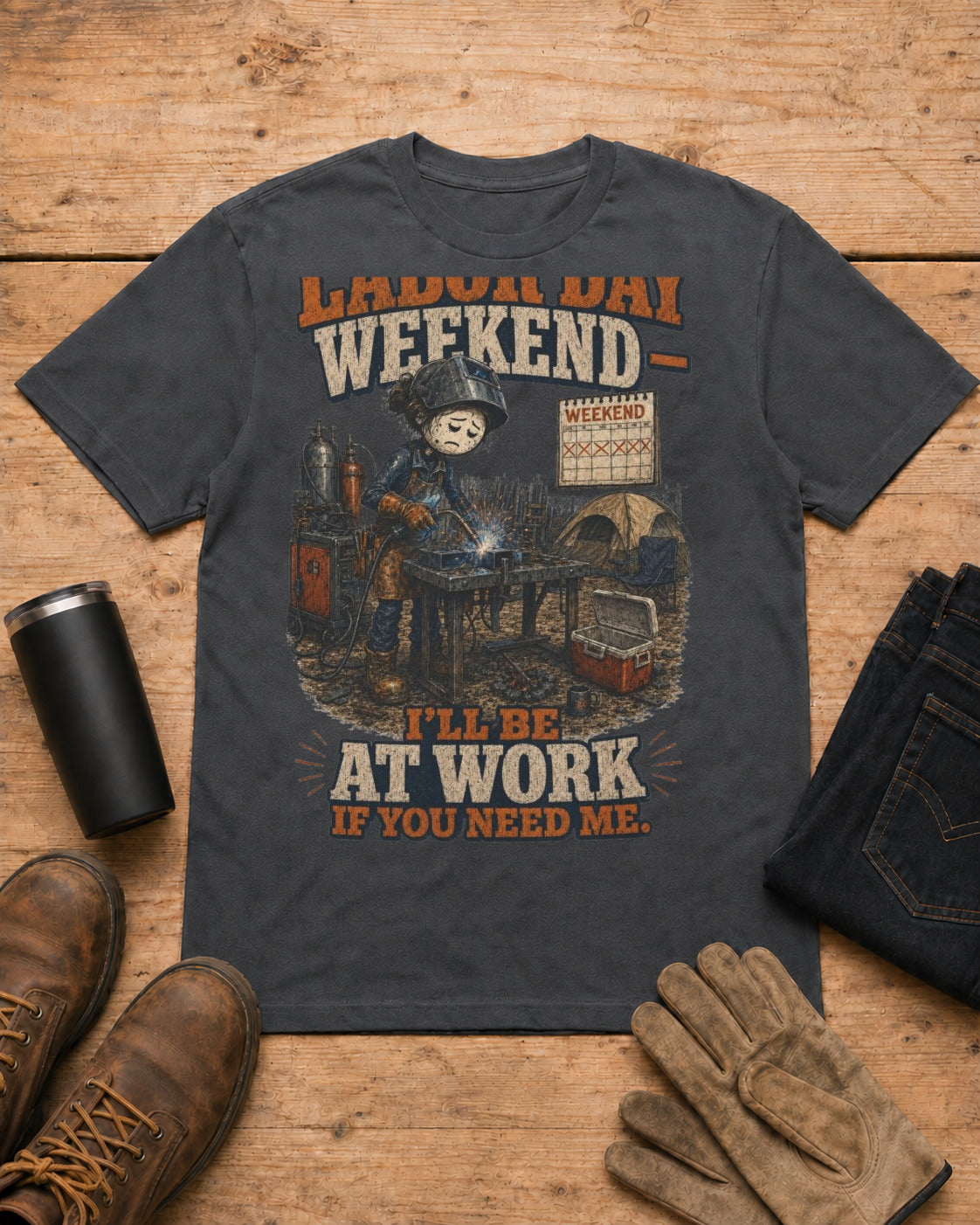Labor Day Weekend — I’ll Be at Work If You Need Me. | Welder T-Shirt in Dark Heather workbench flat lay