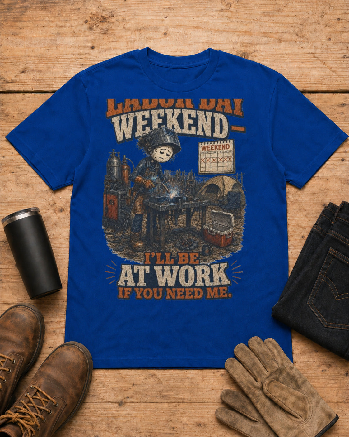 Labor Day Weekend — I’ll Be at Work If You Need Me. | Welder T-Shirt in Royal Blue workbench flat lay