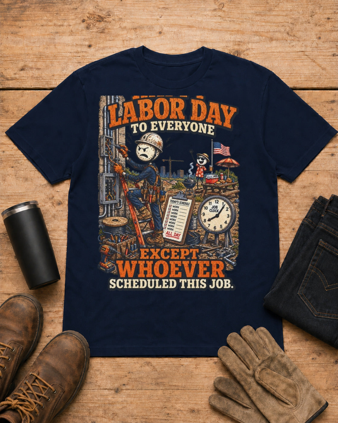 Happy Labor Day to Everyone Except Whoever Scheduled This Job. | Electrician T-Shirt in Navy workbench flat lay