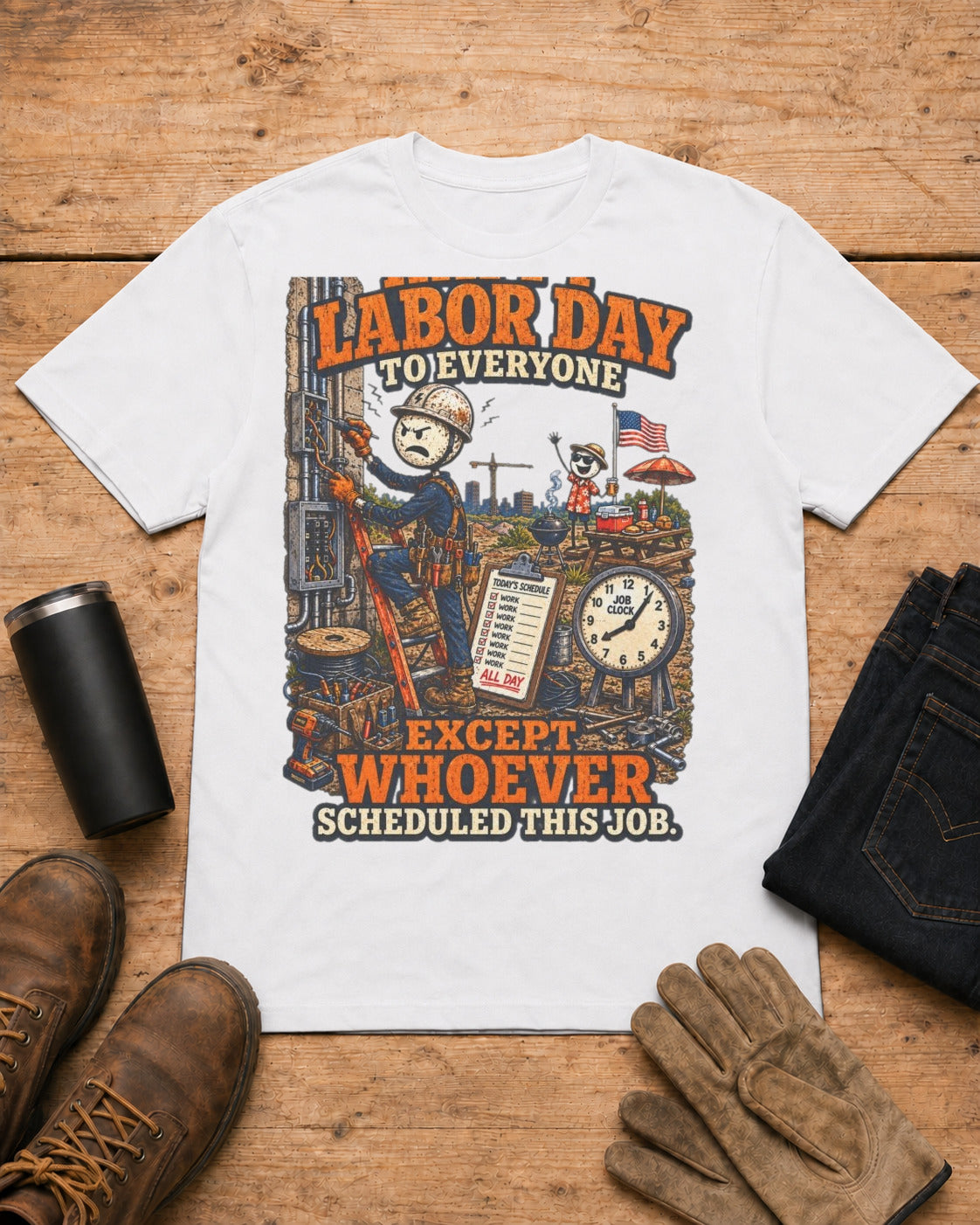 Happy Labor Day to Everyone Except Whoever Scheduled This Job. | Electrician T-Shirt in White workbench flat lay