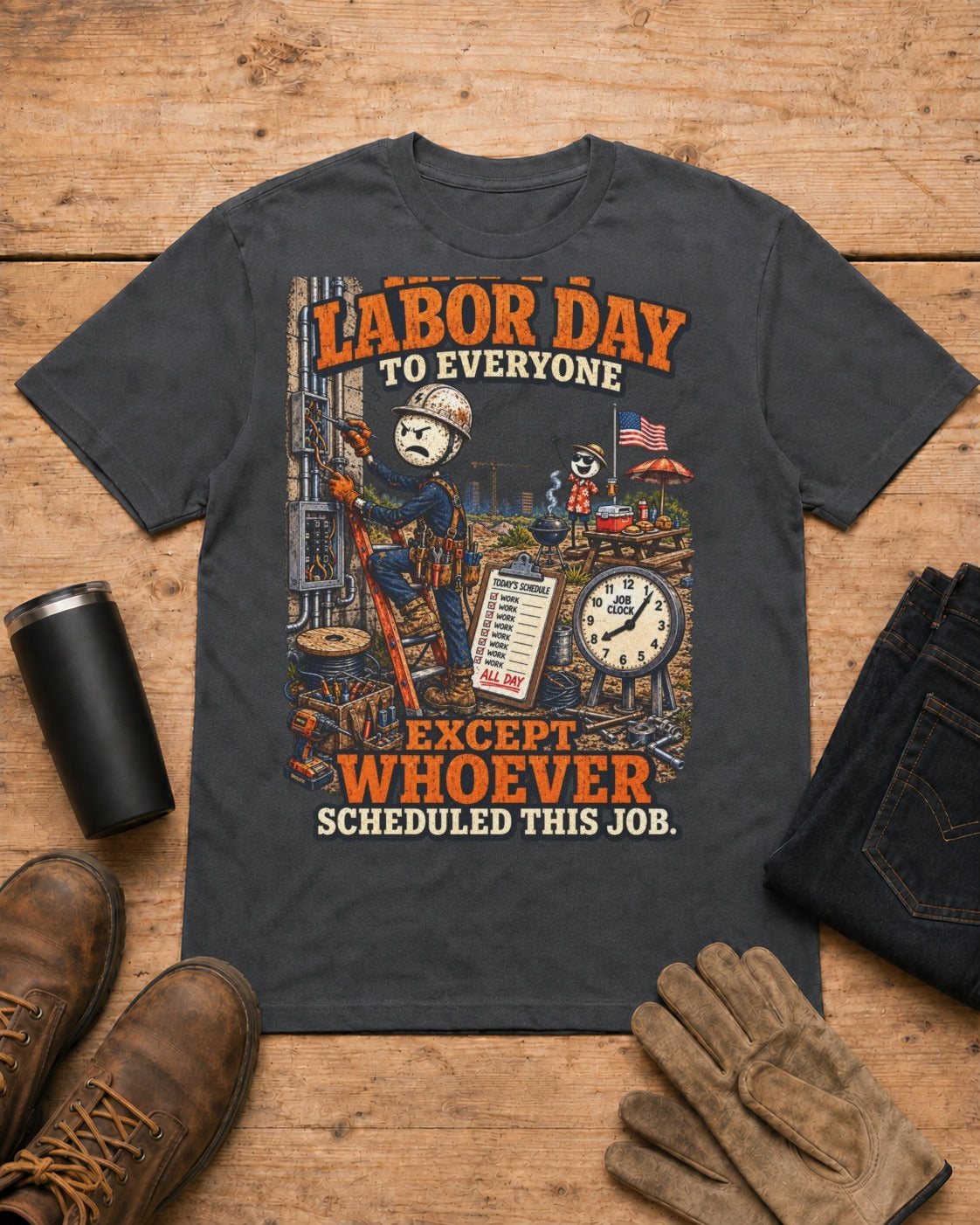 Happy Labor Day to Everyone Except Whoever Scheduled This Job. | Electrician T-Shirt in Dark Heather workbench flat lay